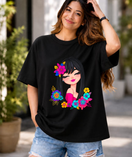 Floral Girl Graphic Oversized Cotton T-Shirt